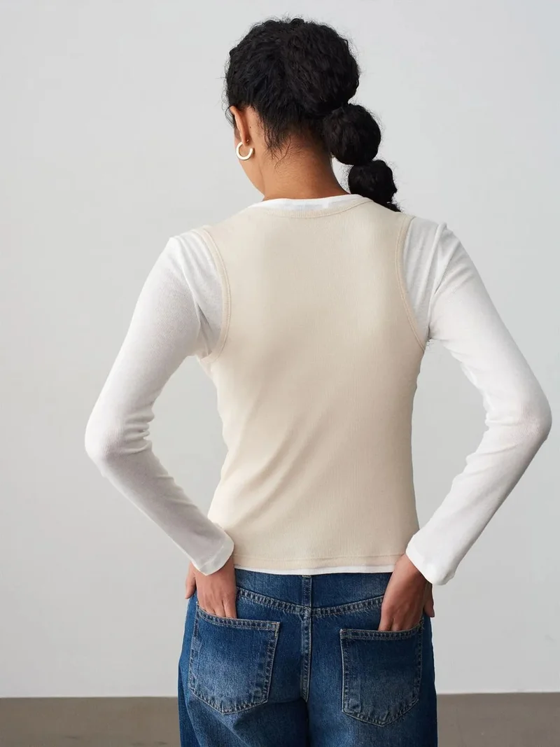 ديلفين DILVIN Fitted Cotton Crew Neck Long Sleeve Blouse