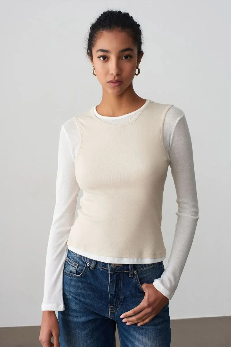 DILVIN Fitted Cotton Crew Neck Long Sleeve Blouse