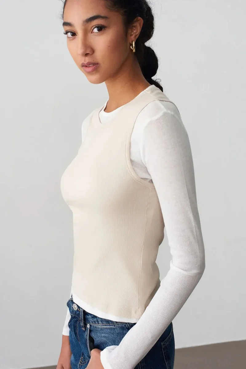 Dilvin Cream Natural DILVIN Fitted Cotton Crew Neck Long Sleeve Blouse for Women | Best Price UAE