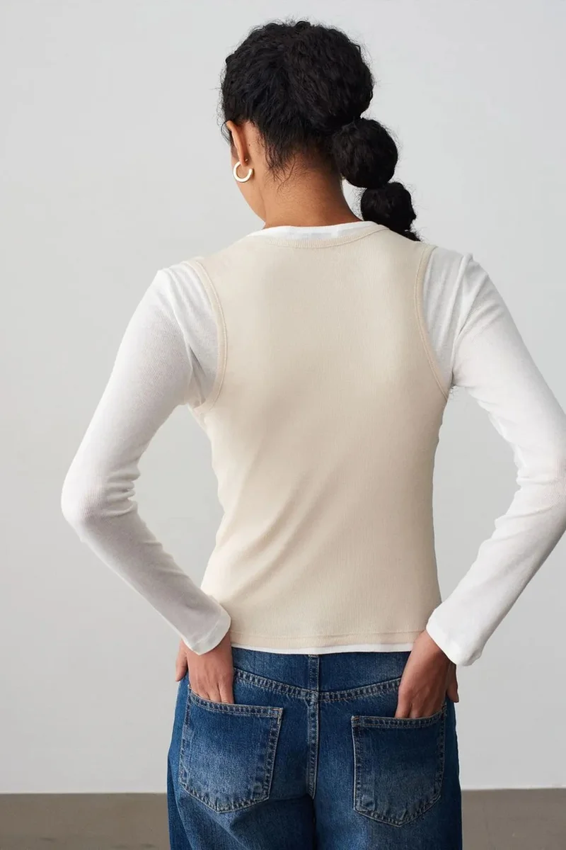 Dilvin Cream Natural DILVIN Fitted Cotton Crew Neck Long Sleeve Blouse for Women | Best Price UAE