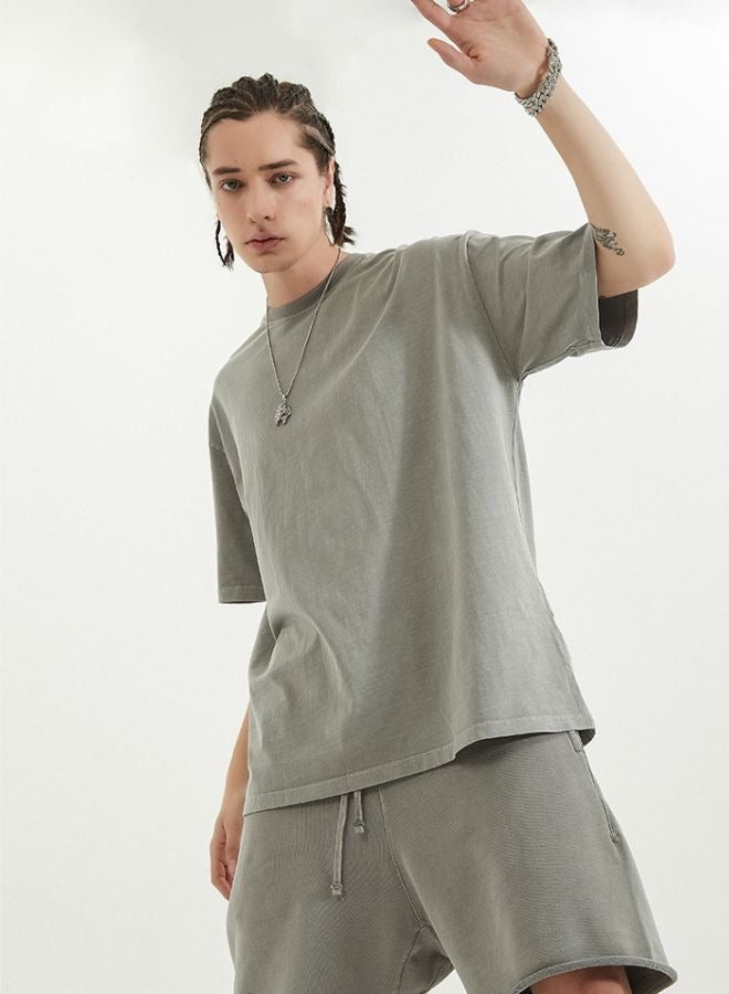 Mei Stylish Unisex Vintage Casual Loose Shoulder Oversize Crew Neck Shaded Short Sleeve T-shirt - Image 4