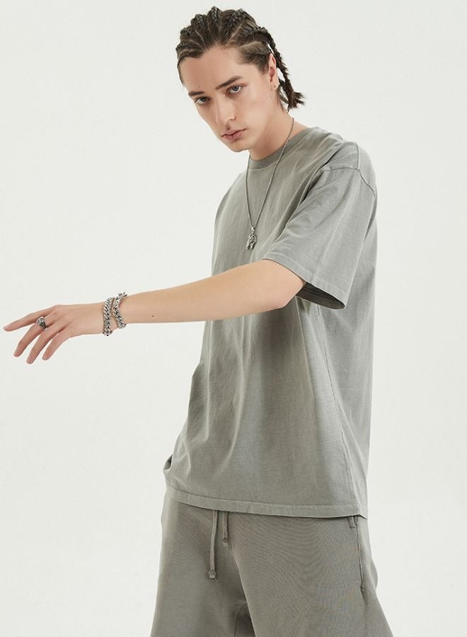 Mei Stylish Unisex Vintage Casual Loose Shoulder Oversize Crew Neck Shaded Short Sleeve T-shirt - Image 2