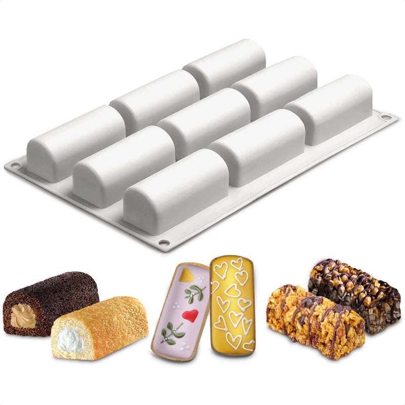VIKROM 9 Cavity 3D Cylinder Silicone Dessert Molds - Silicone Cylinder Mold Twinkie Pan Cake Molds for Baking Cake Pan - Mini Dessert Molds Granola Bar Molds Silicone Baking Pan Cake Roll Pan - Image 1