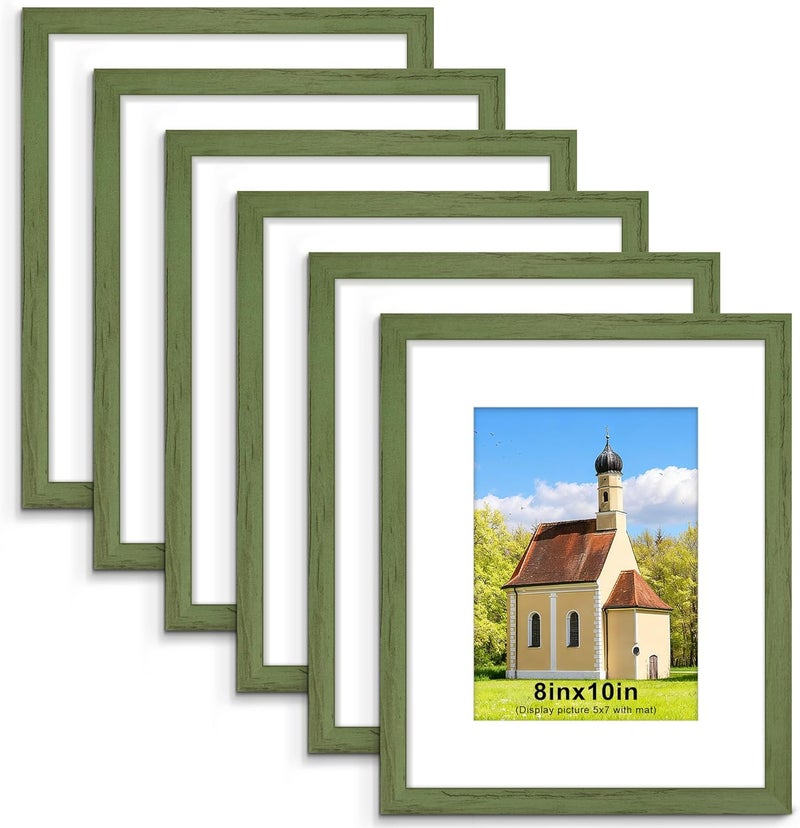 PEALSN 8x10 Picture Frame Set of 6, Display Pictures 5x7 with Mat or 8x10 without Mat for Wall Mounting or Table Top Display, Photo Frames Collage for Wall Decor, Green Woodgrain - Image 1