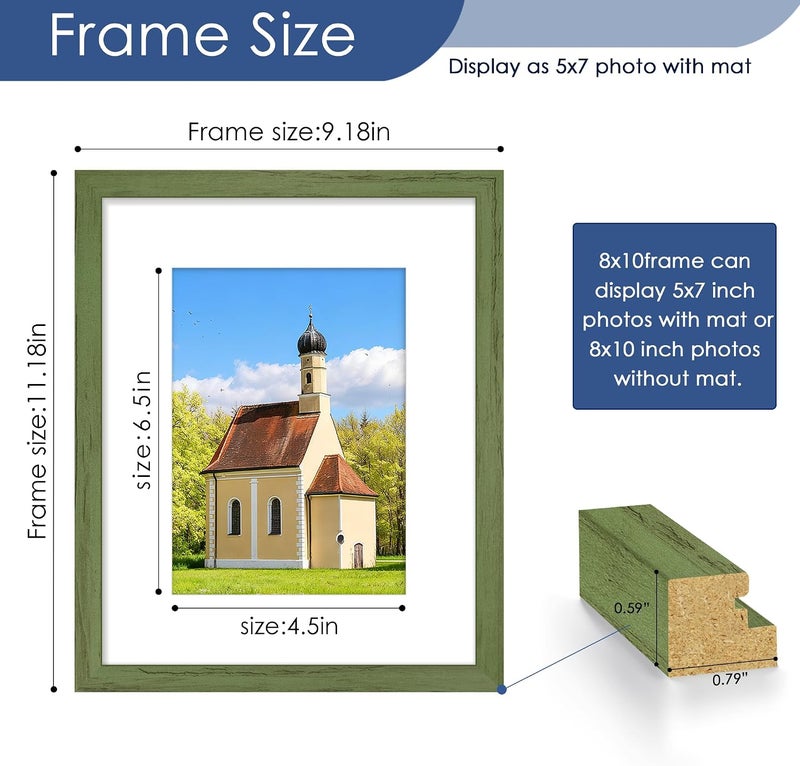 PEALSN 8x10 Picture Frame Set of 6, Display Pictures 5x7 with Mat or 8x10 without Mat for Wall Mounting or Table Top Display, Photo Frames Collage for Wall Decor, Green Woodgrain - Image 3