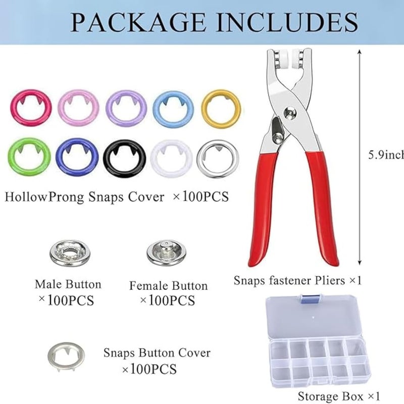TASMAX button press machine for clothes snap100 Sets Eyelets button kit for home use Metal Fasteners with Hand Pliers Tool Snap Buckles Leather Snap Kit for Baby Children's Clothing (Multicolor) PACK1 - Image 1