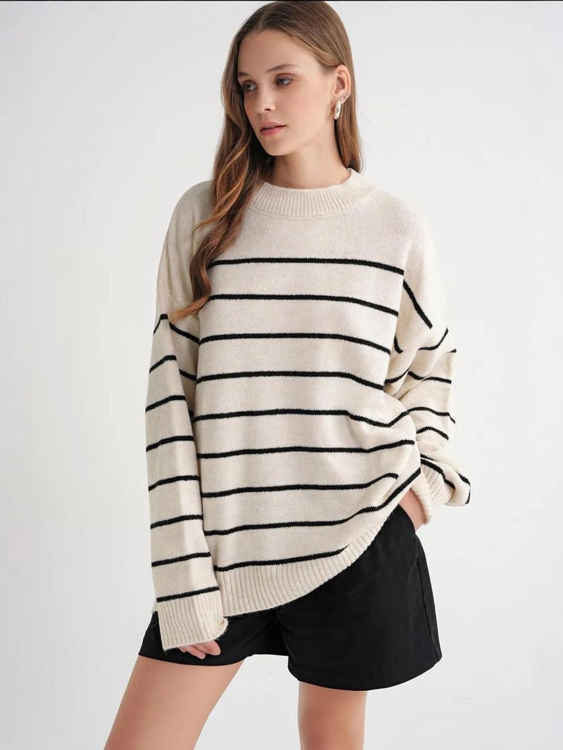 MixRay Striped Crew Neck Relaxed Knit Pullover Sweater - Image 3