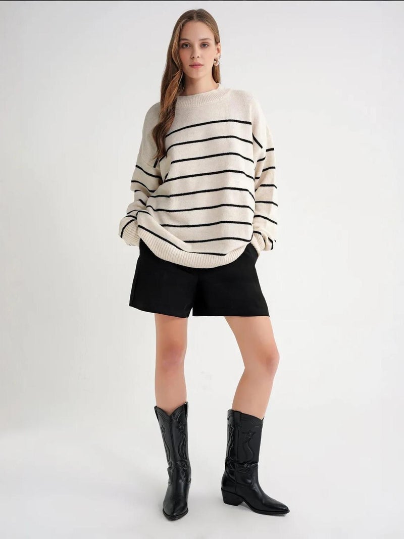 MixRay Striped Crew Neck Relaxed Knit Pullover Sweater - Image 2