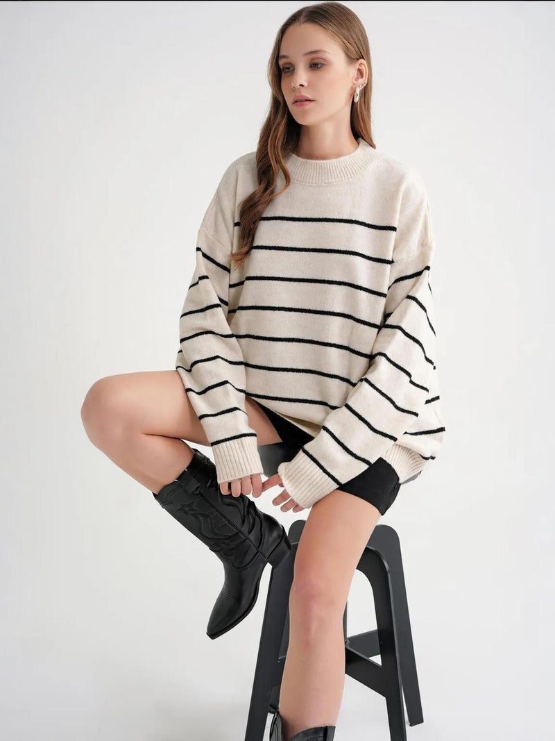 MixRay Striped Crew Neck Relaxed Knit Pullover Sweater - Image 4