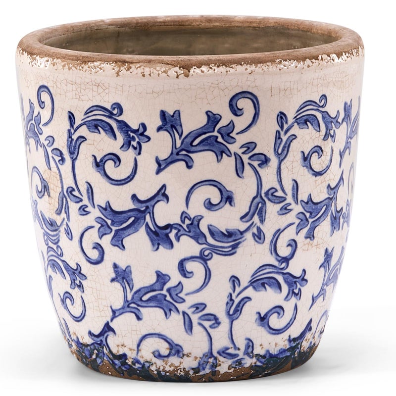 Teweiqi Vintage Ceramic Planter with Drainage Hole, Plastic Tray & Mesh, 6.5 Inch - Indoor/Outdoor Flower Pot, Blue Floral Rustic Farmhouse Design Plant pot for Home, Office & Garden DÃ©cor, Ideal Gift - Image 1