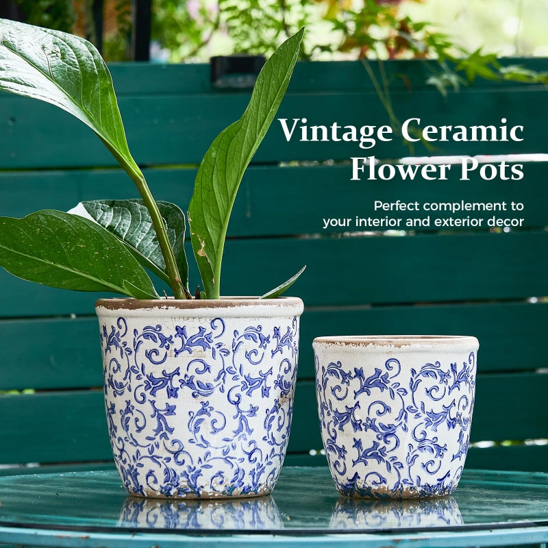 Teweiqi Vintage Ceramic Planter with Drainage Hole, Plastic Tray & Mesh, 6.5 Inch - Indoor/Outdoor Flower Pot, Blue Floral Rustic Farmhouse Design Plant pot for Home, Office & Garden DÃ©cor, Ideal Gift - Image 3
