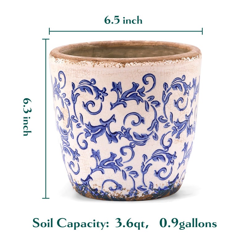 Teweiqi Vintage Ceramic Planter with Drainage Hole, Plastic Tray & Mesh, 6.5 Inch - Indoor/Outdoor Flower Pot, Blue Floral Rustic Farmhouse Design Plant pot for Home, Office & Garden DÃ©cor, Ideal Gift - Image 5