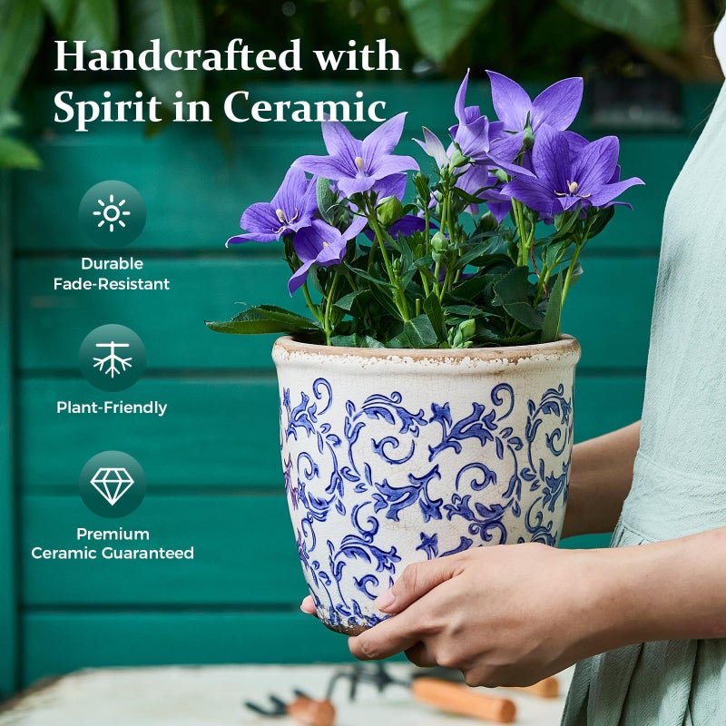 Teweiqi Vintage Ceramic Planter with Drainage Hole, Plastic Tray & Mesh, 6.5 Inch - Indoor/Outdoor Flower Pot, Blue Floral Rustic Farmhouse Design Plant pot for Home, Office & Garden DÃ©cor, Ideal Gift - Image 4