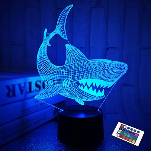 FULLOSUN Shark 3D Illusion Night Light Animal Touch Table Desk Lamp, with Remote Control 16 Colors Optical USB LED Nightlight for Kids Holiday Gift Room Decoration - Image 1