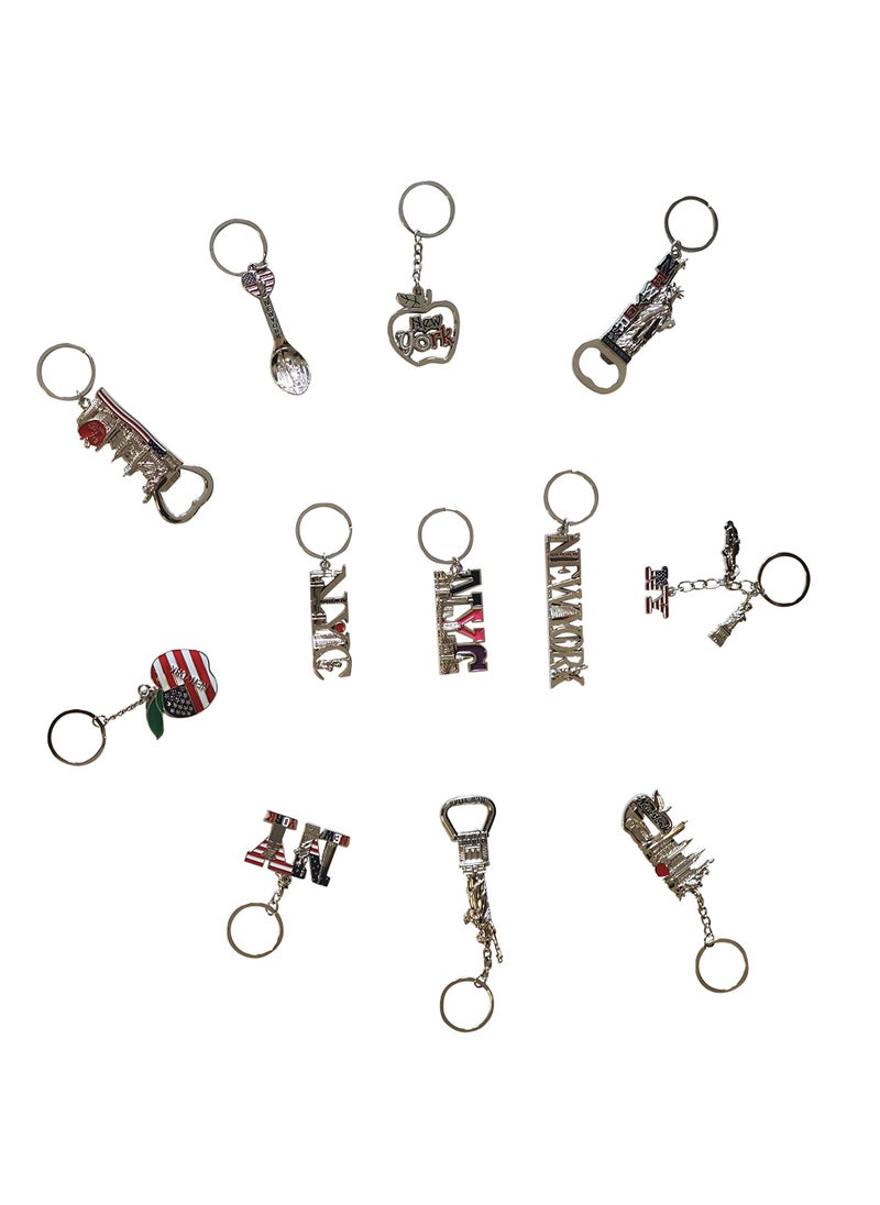 Spark 12 Pack NYC Souvenir Collection New York Metal Keychain Ring Bundle Bulk Includes 4pc Bottle OpenerEmpire State Freedom Tower Statue Of Liberty USA FlagNY Cab Apple  Moree 