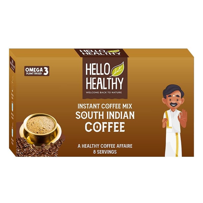 Hello Healthy مرحبا قهوة جنوب هندية فورية مزيج مسحوق أكياس (17 جرام × 8 أكياس) | 8 حصص | قهوة ساخنة وباردة | قهوة قوية - Image 1