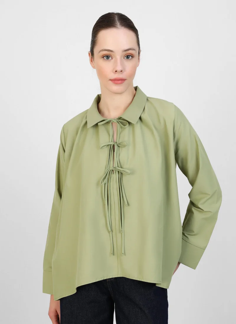 Refka by modanisa Poplin Tunic with Front Tie Detail - Olive Green - Refka