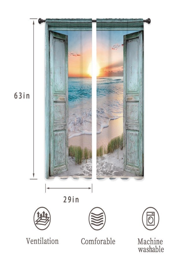 ريديكور ستائر شاطئية قصيرة من رييديكور، بتصميم مستوحى من المحيط، لون أزرق مخضر، شروق الشمس، منظر بحري، باب حظيرة ريفي، خشب، شاطئ البحر، جيب للعمود، مناسبة لغرفة النوم أو غرفة المعيشة، قماش، لوحتان، 29 بوصة عرض × 63 بوصة ارتفاع - Image 2