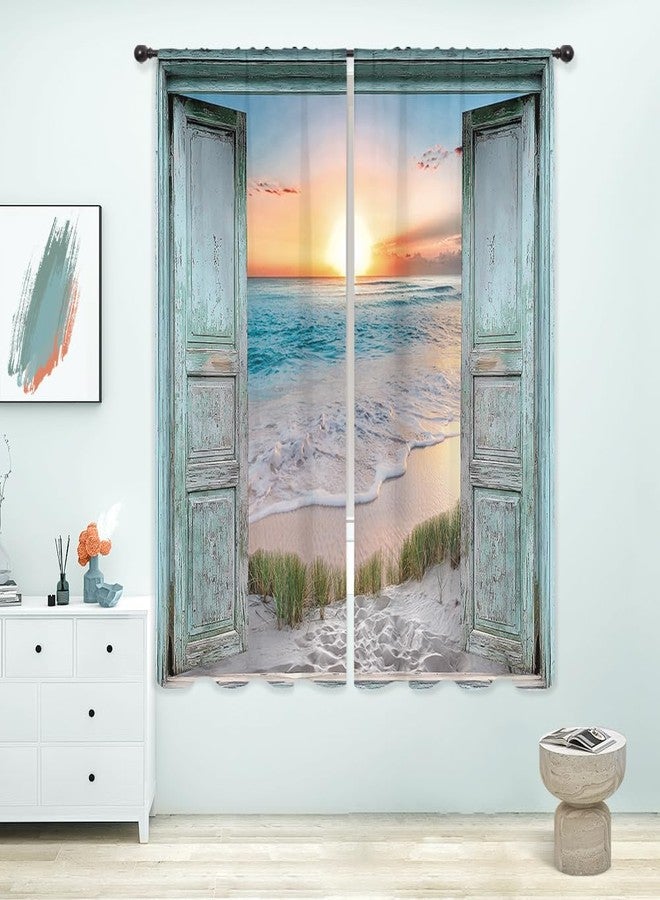 ريديكور ستائر شاطئية قصيرة من رييديكور، بتصميم مستوحى من المحيط، لون أزرق مخضر، شروق الشمس، منظر بحري، باب حظيرة ريفي، خشب، شاطئ البحر، جيب للعمود، مناسبة لغرفة النوم أو غرفة المعيشة، قماش، لوحتان، 29 بوصة عرض × 63 بوصة ارتفاع - Image 1