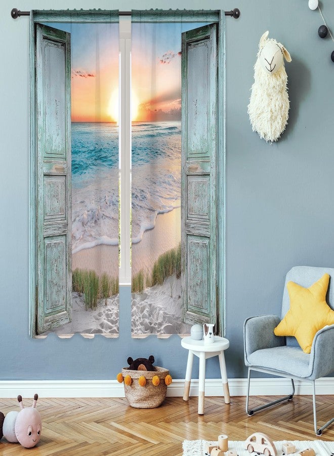 ريديكور ستائر شاطئية قصيرة من رييديكور، بتصميم مستوحى من المحيط، لون أزرق مخضر، شروق الشمس، منظر بحري، باب حظيرة ريفي، خشب، شاطئ البحر، جيب للعمود، مناسبة لغرفة النوم أو غرفة المعيشة، قماش، لوحتان، 29 بوصة عرض × 63 بوصة ارتفاع - Image 4