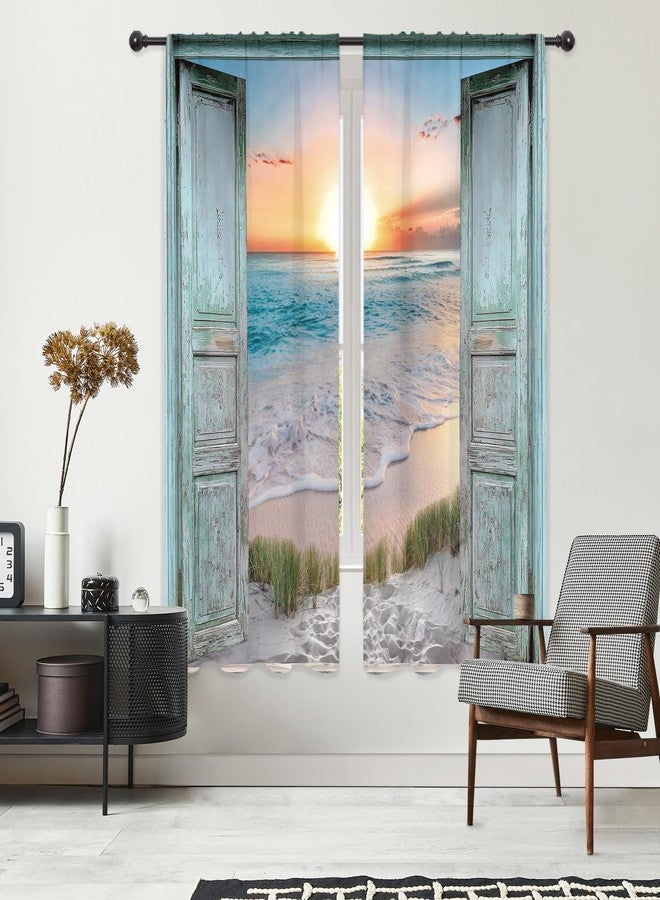 ريديكور ستائر شاطئية قصيرة من رييديكور، بتصميم مستوحى من المحيط، لون أزرق مخضر، شروق الشمس، منظر بحري، باب حظيرة ريفي، خشب، شاطئ البحر، جيب للعمود، مناسبة لغرفة النوم أو غرفة المعيشة، قماش، لوحتان، 29 بوصة عرض × 63 بوصة ارتفاع - Image 5