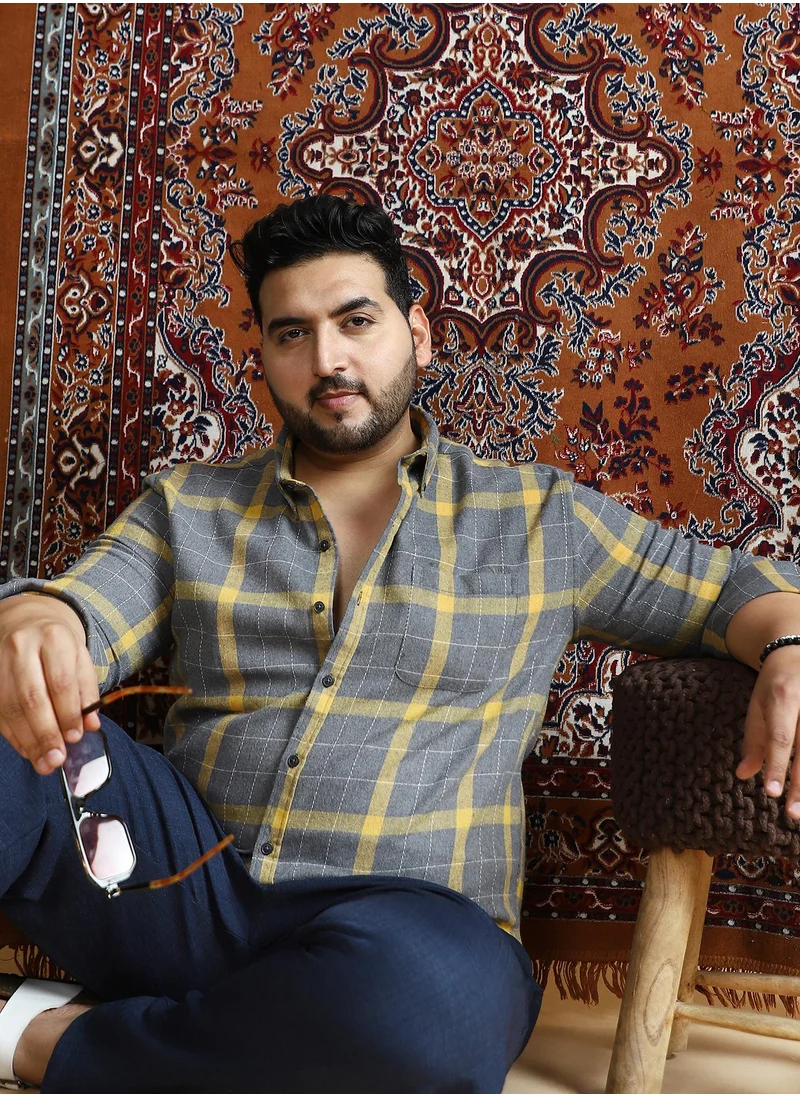 انستافاب بلس Instafab Plus Men's Moon Grey & Lemon Yellow Bi-Check Regular Shirt For Casual Wear | Spread Collar | Long Cuffed Sleeves | Button Closure | Plus Size Shirt Crafted With Comfort Fit For Everyday Wear