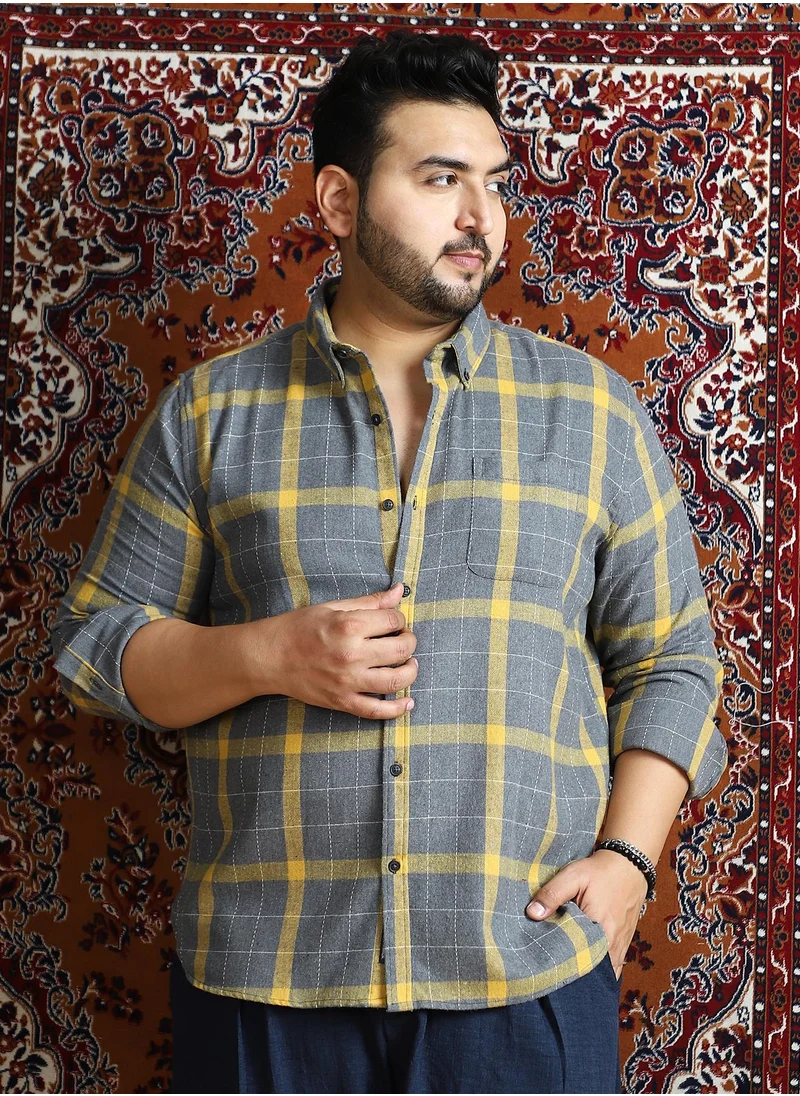 انستافاب بلس Instafab Plus Men's Moon Grey & Lemon Yellow Bi-Check Regular Shirt For Casual Wear | Spread Collar | Long Cuffed Sleeves | Button Closure | Plus Size Shirt Crafted With Comfort Fit For Everyday Wear