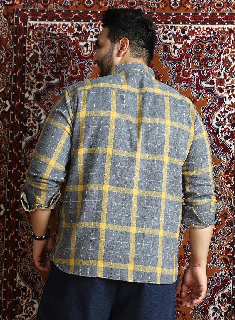 Instafab Plus Instafab Plus Men's Moon Grey & Lemon Yellow Bi-Check Regular Shirt For Casual Wear | Spread Collar | Long Cuffed Sleeves | Button Closure | Plus Size Shirt Crafted With Comfort Fit For Everyday Wear