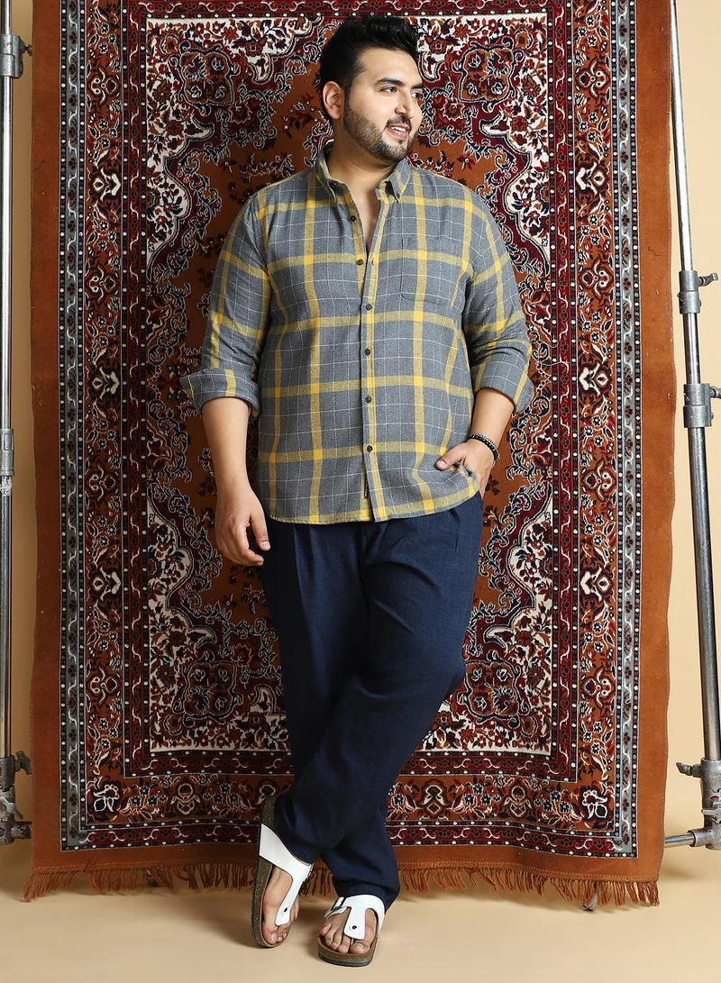 Instafab Plus Instafab Plus Men's Moon Grey & Lemon Yellow Bi-Check Regular Shirt For Casual Wear | Spread Collar | Long Cuffed Sleeves | Button Closure | Plus Size Shirt Crafted With Comfort Fit For Everyday Wear