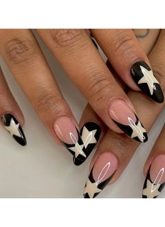 ORiTi 24pcs Black French Tip Fake Nails, Glossy Medium Almond Press On Nails With Milky White Star Design, Sweet Cool False Nails For Women Girls Daily Wear  - Image 1