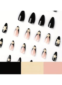 ORiTi 24pcs Black French Tip Fake Nails, Glossy Medium Almond Press On Nails With Milky White Star Design, Sweet Cool False Nails For Women Girls Daily Wear  - Image 4