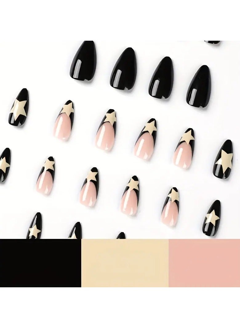 ORiTi 24pcs Black French Tip Fake Nails, Glossy Medium Almond Press On Nails With Milky White Star Design, Sweet Cool False Nails For Women Girls Daily Wear - Image 4