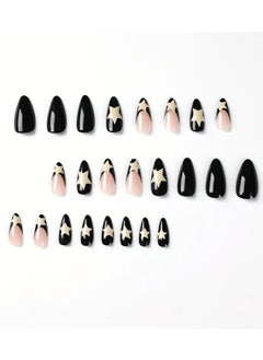 ORiTi 24pcs Black French Tip Fake Nails, Glossy Medium Almond Press On Nails With Milky White Star Design, Sweet Cool False Nails For Women Girls Daily Wear  - Image 5