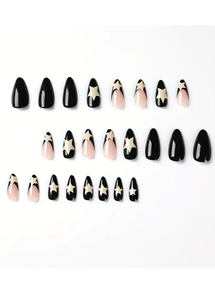 ORiTi 24pcs Black French Tip Fake Nails, Glossy Medium Almond Press On Nails With Milky White Star Design, Sweet Cool False Nails For Women Girls Daily Wear - Image 5