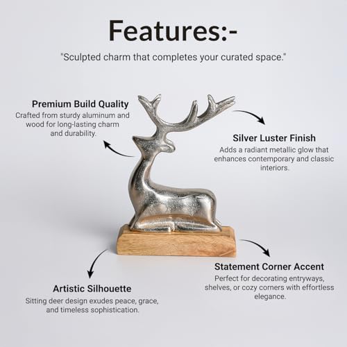 MARKET 99 Glossy Silver Deer Figurine with Wooden Stand | Aluminium Sitting Deer Sculpture for Christmas Home Décor | Elegant Table & Living Room Showpiece | Housewarming & Gifting - Image 2