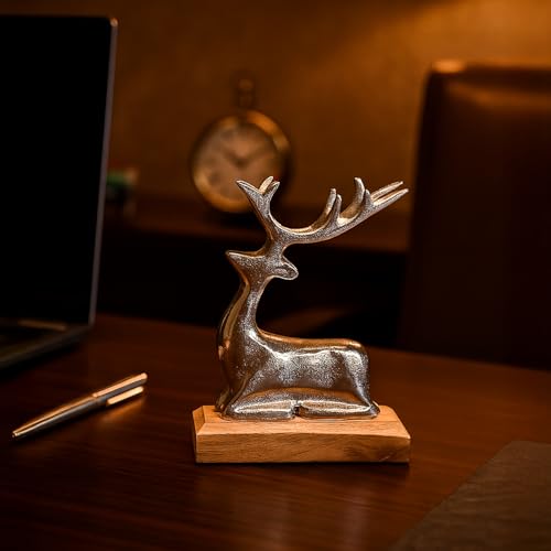 MARKET 99 Glossy Silver Deer Figurine with Wooden Stand | Aluminium Sitting Deer Sculpture for Christmas Home Décor | Elegant Table & Living Room Showpiece | Housewarming & Gifting - Image 5