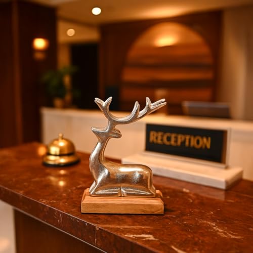 MARKET 99 Glossy Silver Deer Figurine with Wooden Stand | Aluminium Sitting Deer Sculpture for Christmas Home Décor | Elegant Table & Living Room Showpiece | Housewarming & Gifting - Image 3