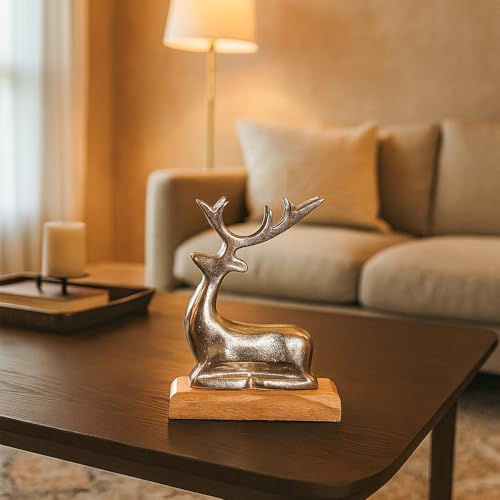 MARKET 99 Glossy Silver Deer Figurine with Wooden Stand | Aluminium Sitting Deer Sculpture for Christmas Home Décor | Elegant Table & Living Room Showpiece | Housewarming & Gifting - Image 1