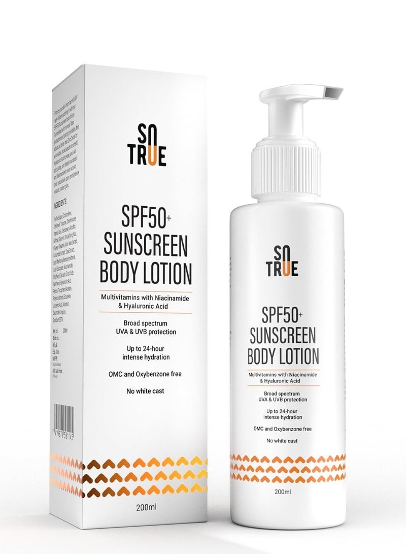 So True Sotrue SPF 50+ Sunscreen Body Lotion With UVA & UVB Protection, Upto 24-Hours Intense Hydration, Multivitamins with Niacinamide & Hyaluronic Acid, No White Cast, Lightweight, 200ML - Image 1