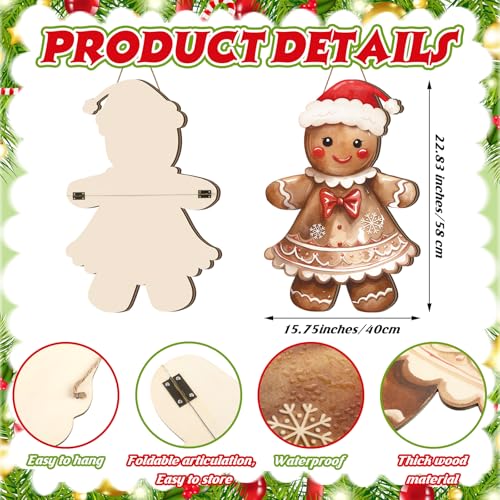 Shellwei 2 Pcs Gingerbread Christmas Decorations Christmas Wreath for Front Door Gingerbread Man Hanging Signs Rustic Wooden Welcome Signs Ginger Bread Decor for Home Porch Walls Yard Indoor Outdoor - Image 2