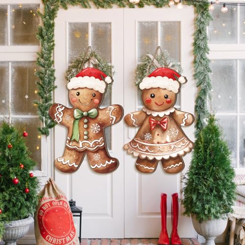 Shellwei 2 Pcs Gingerbread Christmas Decorations Christmas Wreath for Front Door Gingerbread Man Hanging Signs Rustic Wooden Welcome Signs Ginger Bread Decor for Home Porch Walls Yard Indoor Outdoor - Image 1