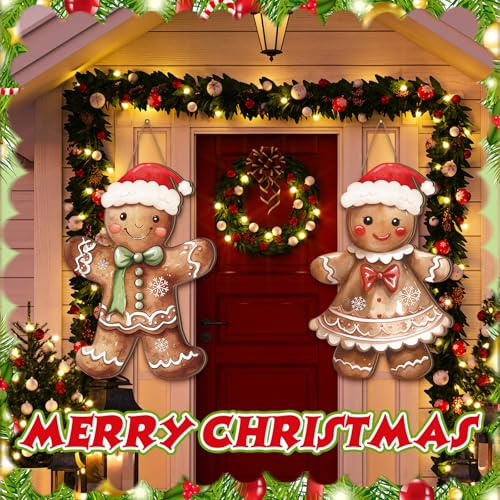 Shellwei 2 Pcs Gingerbread Christmas Decorations Christmas Wreath for Front Door Gingerbread Man Hanging Signs Rustic Wooden Welcome Signs Ginger Bread Decor for Home Porch Walls Yard Indoor Outdoor - Image 4