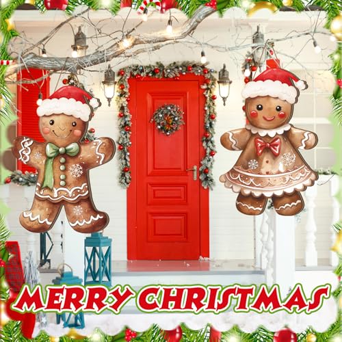 Shellwei 2 Pcs Gingerbread Christmas Decorations Christmas Wreath for Front Door Gingerbread Man Hanging Signs Rustic Wooden Welcome Signs Ginger Bread Decor for Home Porch Walls Yard Indoor Outdoor - Image 3