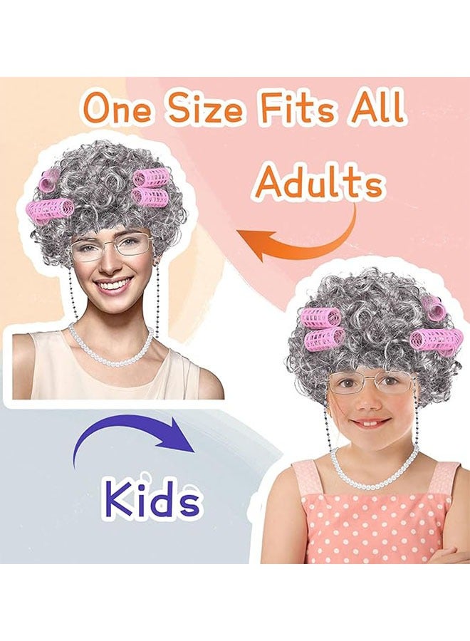 Loquat Old Lady Wig Costume for Women, 100 Days of School Costume, Curly Wig Set, Wig Glasses Wig Cap Pearl Necklace Accessories - Image 3