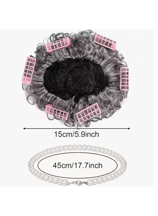 Loquat Old Lady Wig Costume for Women, 100 Days of School Costume, Curly Wig Set, Wig Glasses Wig Cap Pearl Necklace Accessories - Image 2