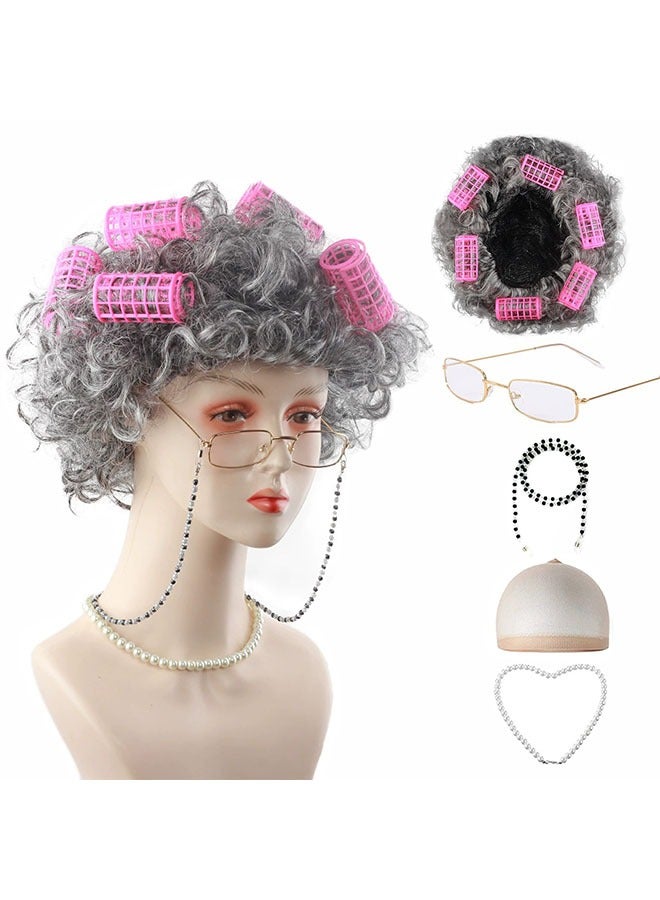 Loquat Old Lady Wig Costume for Women, 100 Days of School Costume, Curly Wig Set, Wig Glasses Wig Cap Pearl Necklace Accessories - Image 1
