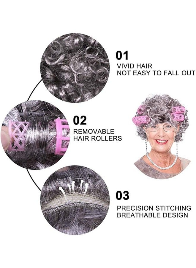 Loquat Old Lady Wig Costume for Women, 100 Days of School Costume, Curly Wig Set, Wig Glasses Wig Cap Pearl Necklace Accessories - Image 5