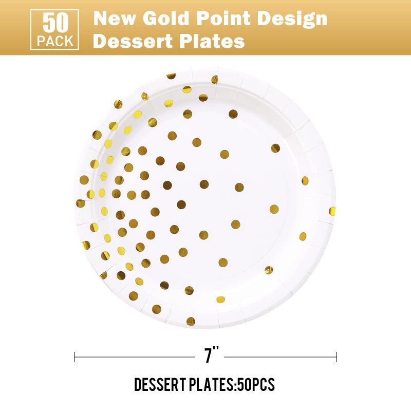 CENLBJ White and Gold Party Supplies, Gold Dot Paper Dessert Plates (50-Count) - Image 2