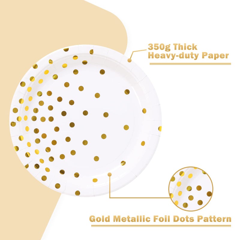 CENLBJ White and Gold Party Supplies, Gold Dot Paper Dessert Plates (50-Count) - Image 3