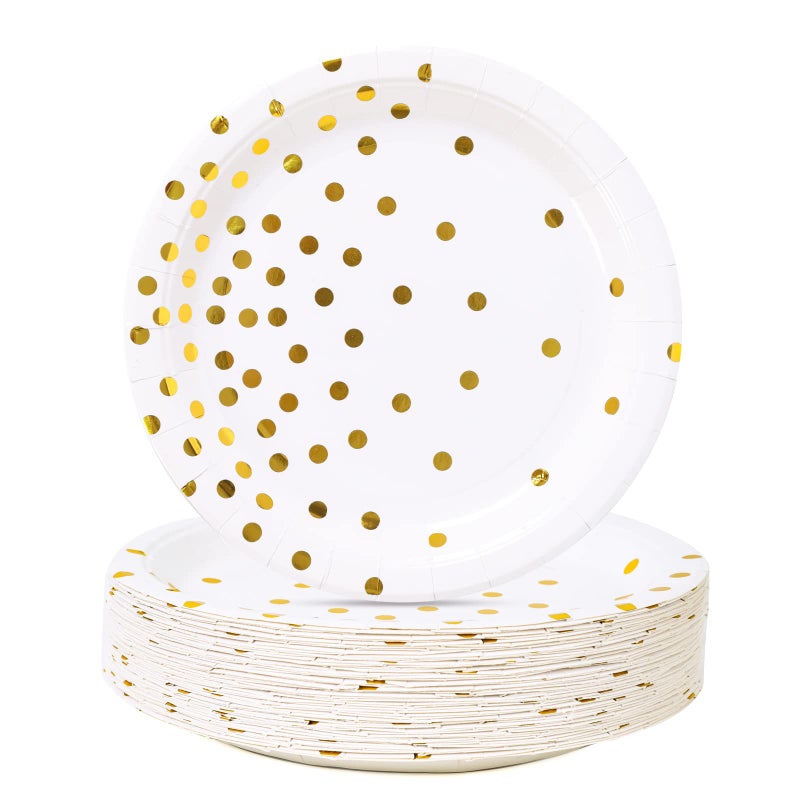 CENLBJ White and Gold Party Supplies, Gold Dot Paper Dessert Plates (50-Count) - Image 1
